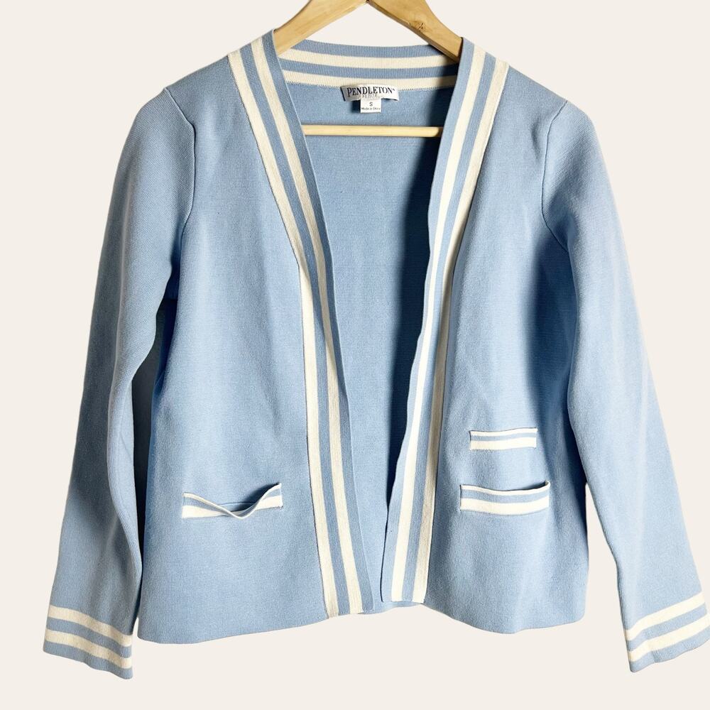 Pendleton Blue White Striped Silk Blend Open Cardigan Sweater Size PS